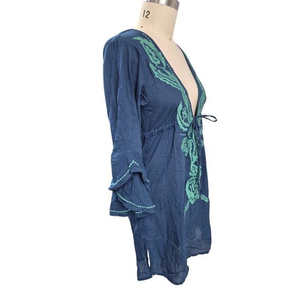 Ellen Weaver 100% Cotton Tunic/Cover Up Blue/Green Drawstring Sz L - Picture 2 of 5